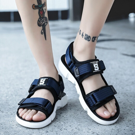 Changxiang Huili Junior High School Student Sandals for Men in Spring and Autumn and Summer Outdoor Casual Beach Shoes Men Korean Velcro Sandals Men W9921 Black and White 39