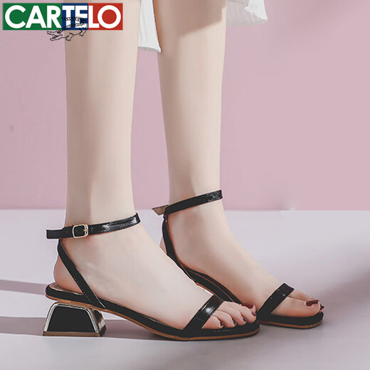 卡帝乐鳄鱼（CARTELO） CARTELO 凉鞋女夏天简约经典大方一字带粗跟 KYF-829-5 黑色 39 