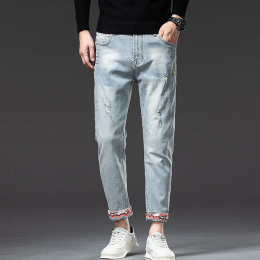 Canelin Kiskha Spring New Embroidered Printed Nine-Credit Jeans Men's Korean Style Stretch Slim Feet Ripped Trendy Brand Retro Everbright 869 Light Blue Nine-Credit Size 30 Size