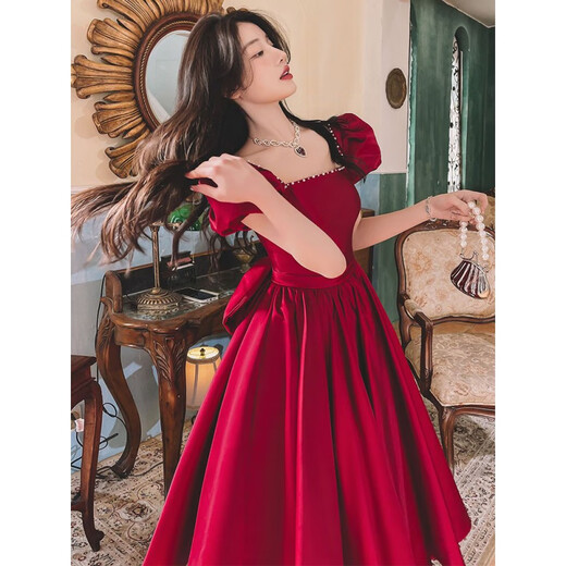 Sheng Miaoci toasting dress bride winter burgundy French style engagement and wedding can usually wear high-end light luxury evening dress skirt for women burgundy mid-length skirt length below the knee 3XL 130Jin Jin is equal to within 0.5 kg