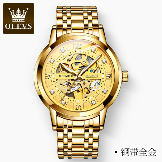 【张智霖代言品牌表】欧利时瑞士认证手表男全自动机械表时尚夜光防水男士手表潮流镶钻男表商务镂空表男学生 9901钢带全金色【皮表带】