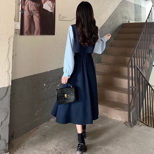 Keyin Kleid Frauenkleidung 2025 Frühlings- und Herbst Neues französisches gefälschter zweiteiliger Spleißprofi Retro mit mittlerer Länge für Frauen 9905 Frühling und Herbst L.