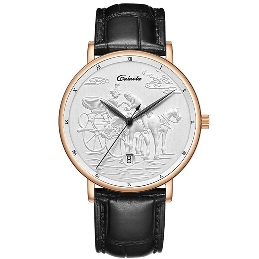 Caluola watch men's mechanical watch fully automatic retro relief waterproof thin belt watch gold and white belt CA1278