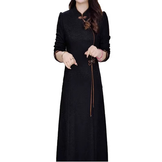Mapping Hong Kong's big brand light luxury women's clothing autumn and winter new thickened long-sleeved dress Chinese style temperament improved cheongsam skirt black plus velvet ready for return and exchange XL recommended 111-120Jin Jin equals 0.5 kg