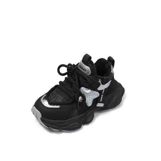 Saturday children's shoes winter new plus velvet sports shoes girls dad shoes light running shoes black silver 37