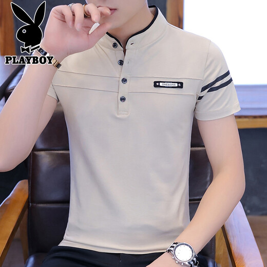 Playboy (PLAYBOY) short-sleeved T-shirt for men in summer new fashion stand collar slim Korean casual top versatile fashion base shirt men's clothing 3526HH7009 white XL