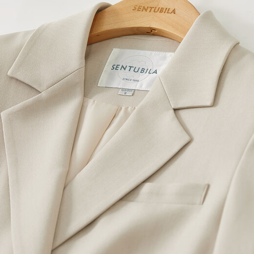 Shandubila's elegant commuting classic two-button suit jacket with elasticated back waist and pleated crotch-covering slim straight trousers suit beige S