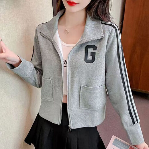 VEOX small short sweatshirt for women Spring and Autumn 2025 early autumn top for women thin stand collar sporty zipper cardigan jacket 689 high-quality [gray thin] L Recommended (105-120Jin [Jin equals 0.5 kg])