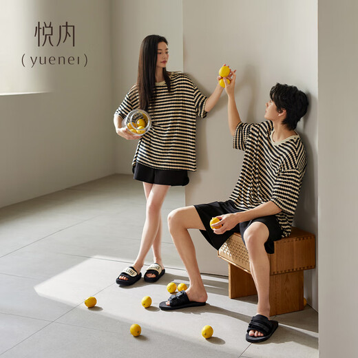 Yuenei Couple Pajamas Women's Summer Short-Sleeved Shorts Pure Cotton Home Clothes Casual Fashion Striped Men's Summer Thin Suit 33001 Wave Pattern Men's 2XL (Male 160-180 Jin Jin equals 0.5 kg / Female 140-160 Jin Jin equals 0.5 kg)