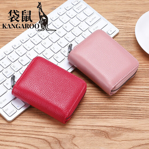 Kangaroo (KANGAROO) exquisite organ card bag for men and women's top layer cowhide anti-theft brush large capacity card cover small card clip coupon wallet rose red 12 cards + 2 multi-functional positions