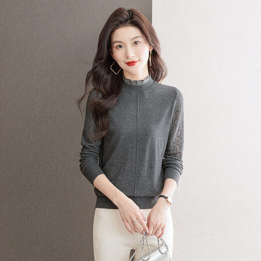 Silk Cypress Splicing Base Shirt 2025 Autumn New Women's Half Trench Neck Slim Long Sleeve Knitted Sweater