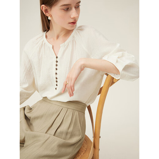 
Fan Silanen round neck lazy shirt summer wear seven-quarter sleeve texture contrast cotton linen shirt 24FS12211 Beige XL