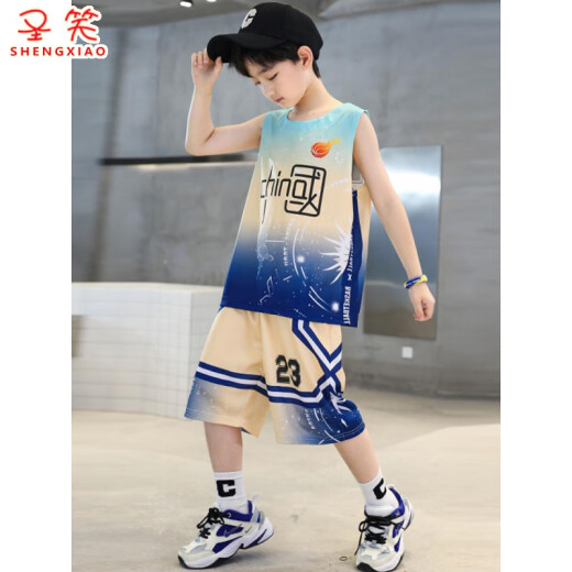 Shengxiao Children's Clothing Boys' Summer Suit Summer Short Sleeves + Shorts Children's Basketball Uniforms Sports Big Children's Two-piece Set TZ22697 Blue Size 120 Recommended Height 110cm