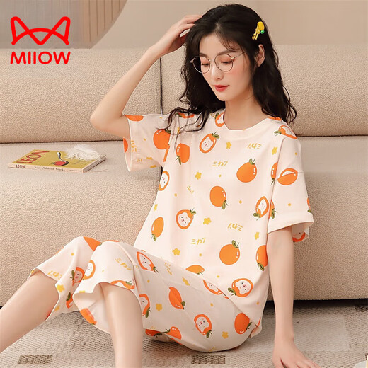 Catman (Miiow) 100 reines Baumwoll-Pyjamas für Frauen mit kurzärmeligen Kumpelhosen für Sommerliebe große dünne Frühlings- und Herbst-zweiteiligen Sommer-Kleidung mit kurzärztem Kumpel-679 M Frauen 80-100jin [Jin entspricht 0,5 kg]