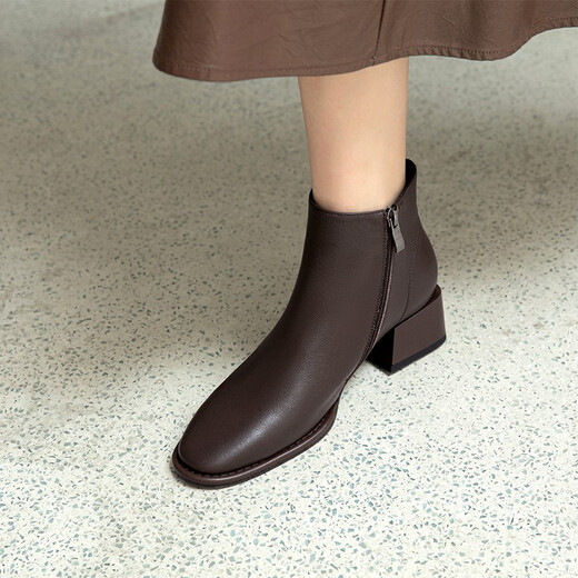 
Asacho autumn and winter cowhide single boots for women in women's temperament, slim mid-heel short boots for women ankle boots fashionable women's boots side zipper nude boots black (half-size) 40