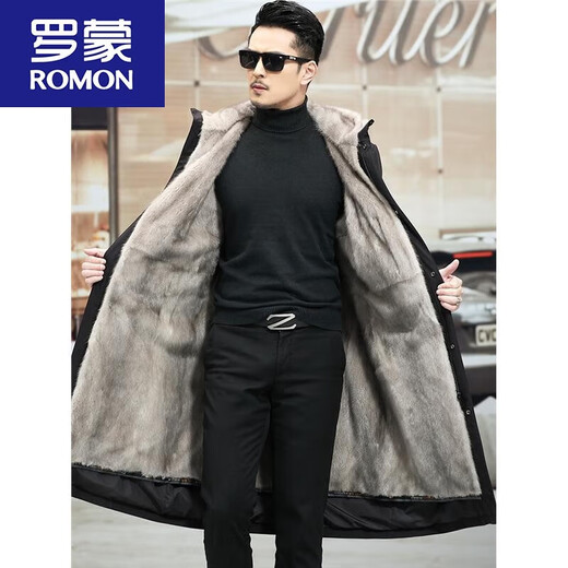Lomon Paik Men's Imitation Mink Liner Removable Fur All-in-One Coat Over Knee Long Mink Fur Black Shell (Black Liner) 2XL