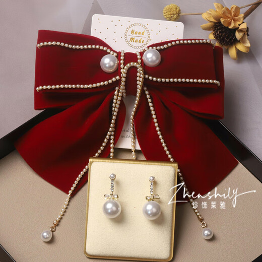 Aimophie Old Phoenix Gold Store Velvet Bow Headdress Bridal Earring Set Women's Wedding Engagement Hair Accessories Simple and Atmospheric 2-Bow Hairpin + 1 Ear Patch