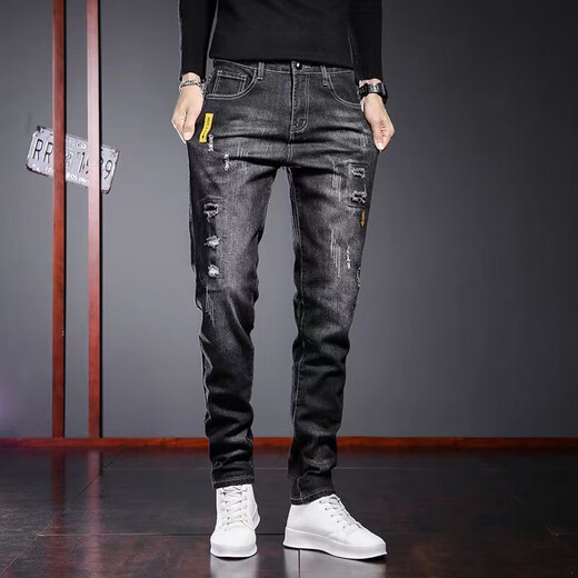 
AEMAPE jeans men's spring and summer slim elastic small feet casual long pants men's clothing 2025 black new trendy brand TJ_6636 black 31