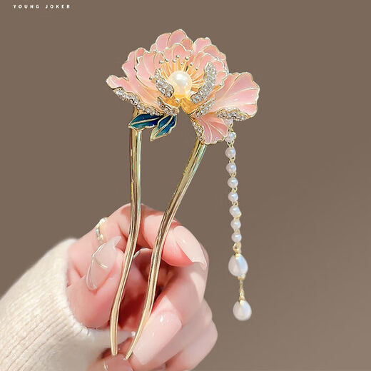 OLOEY national style high-end peony flower hairpin for women new style step rocking tassel hairpin U-shaped hairpin new Chinese style hairpin Linlang peony hairpin-U-shaped