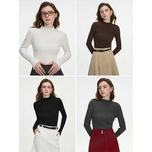 Fan Silan Lace Spitze Halbschildkragen -Strick -Basishemd für Frauen Herbst und Winter 2024 neuer schlanker Bodysuit 14113 Schwarz L.