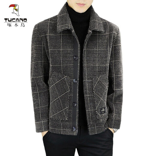 Woodpecker (TUCANO) Woolen Jacket Men's 2025 New Lapel Casual Jacket Autumn and Winter Business Woolen Tops Plus Velvet Trendy Khaki Plus Velvet 3XL Recommended 145-160Jin Jin equals 0.5 kg