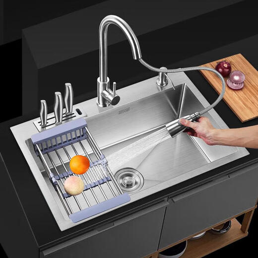 Kayin Kitchen 304 stainless steel hand-drawn thickened single-slot sink package large single-slot washbasin three-hole three-hole thickened 50*40-AA package AA empty