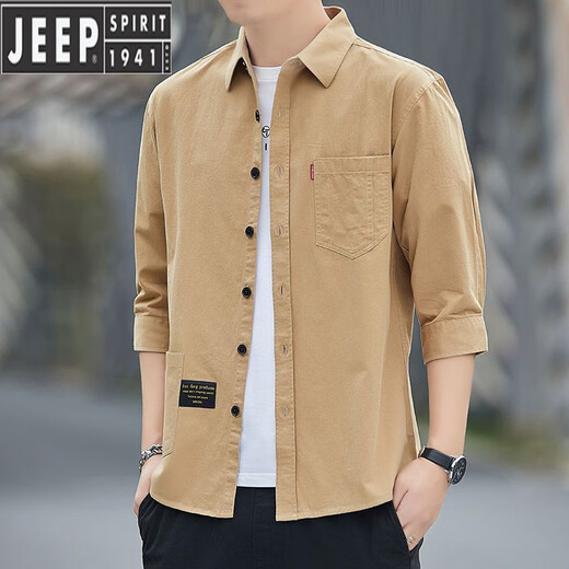 JEEP SPIRIT high-end pure cotton free ironing summer shirt men's loose version of 7-quarter sleeve shirt workwear mid-sleeved jacket casual and versatile high-quality pure cotton material 7-quarter sleeve 5008 (light blue) 2XL 155Jin[Jin equals 0.5 kg]-175Jin[Jin equals 0.5 kg]