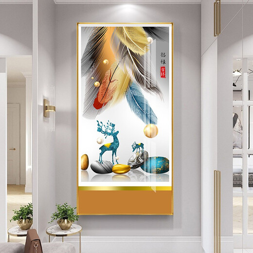 莫画泸林现代简约玄关装饰画正对门壁画走廊尽头挂画轻奢麋鹿过道入户门画 12-福禄吉祥12131 烤瓷镶钻80*160炫酷黑