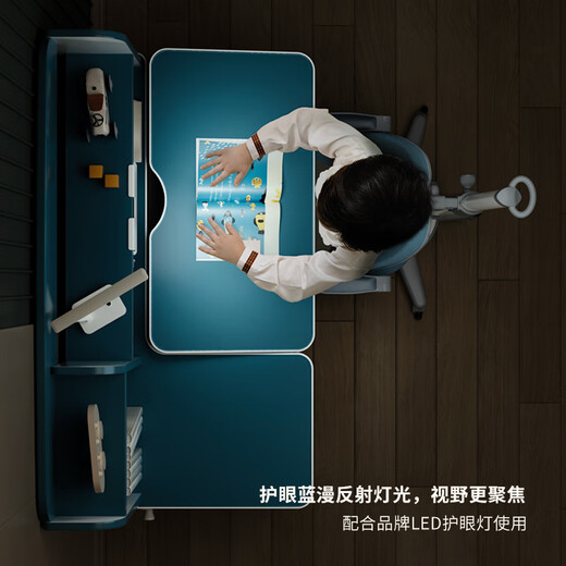 中沪爱童实木儿童学习桌椅套装家用男孩女孩书桌小学生课桌椅可升降写字桌 护眼蓝1.0M实木桌+升级08追背椅