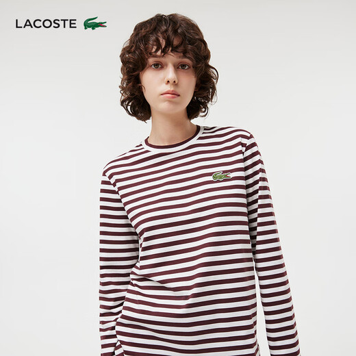 Lacoste French Crocodile Women's Clothing 24 Autumn New Round Neck Fashion Fashion Stripe Camiseta de manga larga TF9207 Iby /Crimson Red 34 /155