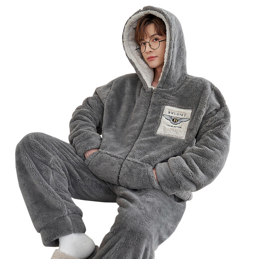 蓓星彤男士睡衣秋冬季珊瑚绒加厚加绒保暖青年休闲可外家居服秋冬款套装 1343N宾利【连帽款】 XL 【建议135-158】