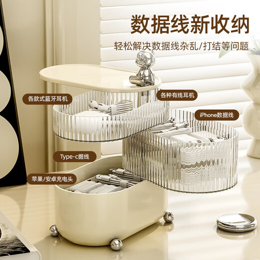 Mi Ling ins style rotating storage box for cosmetics and jewelry transparent compartment storage box desktop data line defense three layers - bear cream white