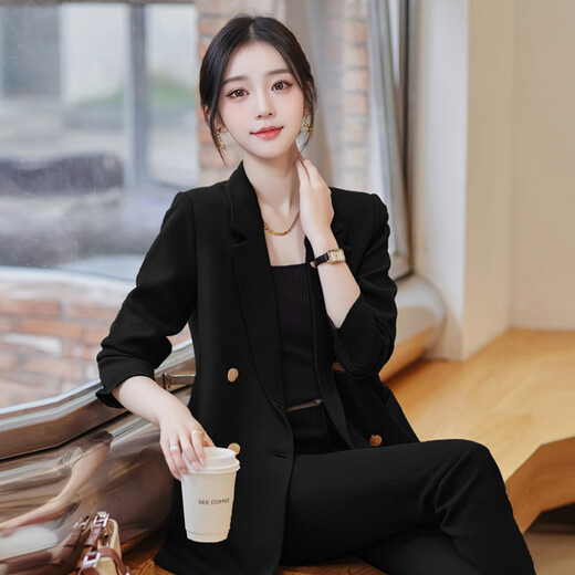 Troman black suit women's spring and autumn professional formal wear casual loose commuting OL suit jacket work clothes