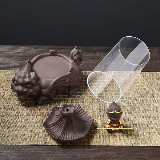 American and foreign new Chinese Zen backflow incense burner, glass cover, windproof, indoor household ornaments, sandalwood, agarwood, smoke, Pixiu base - praying for the great sage, artificial random installation - E