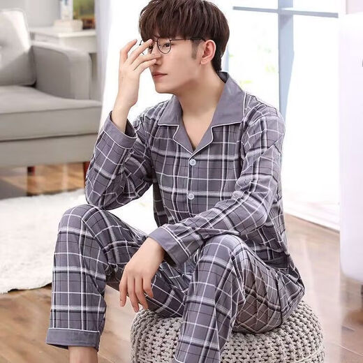 Reine Baumwollsommer-Pyjama für Männer im Frühjahr und Herbst, langärmelte dünne, lose große Jugendhaus-Kleidung, Strickjacke Set 826 L (geeignet für 100-140 Jin [Jin ist 0,5 kg])