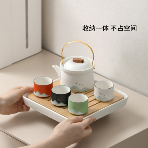 Unclumsy Kung Fu Tea Set 2023 New Household Ceramic Teapot Japanese Style Purely Hand-painted Simple Tea Cup Tea Tray Small Set 2-Zhiyuan Lu Baobai (4 Cup Slow Drinking Edition Set)