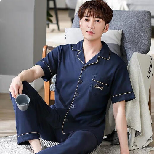 Pretty Ya (Qiaoliya) Pure Cotton Herren-Sommerpyjamas kurzärmeliger Anzug Dünne Sommerhosen Männer mittleren und älteren Frühlings- und Herbststilen Haus 698 L (Empfohlen 110-130 Jin [Jin gleich 0,5 kg]))