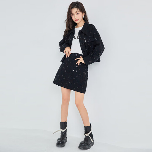 Fantu Fantu sense sequined denim short skirt suit 2024 new spring women's suit fashionable casual two-piece set black S