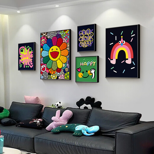 Long time no see dopamine living room decoration painting ins style niche art combination sunflower sofa background wall hanging painting