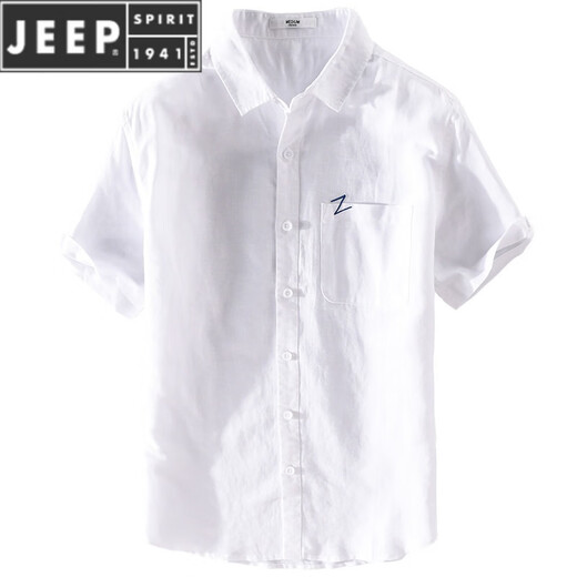JEEP SPIRIT男士亚麻短袖衬衫麻布男装潮流休闲棉麻料衬衣夏装上衣服 浅蓝色 9711胸前有口袋 XXL