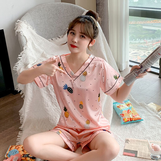 闪芭兔冰丝睡衣女夏季短袖薄款两件套装女式青年家居服可外穿 QDM-825-3粉小菠萝 2XL (建议130-145斤)