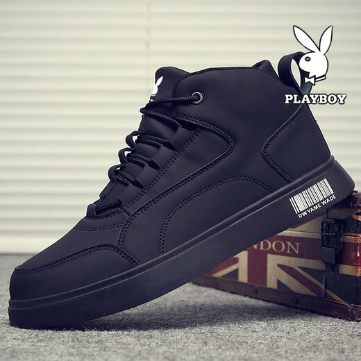 Playboy Shoes Men's Shoes 2025 New High Top Autumn and Winter Velvet Business Leather Shoes Men's Martin Boots Sports and Leisure Shoes Black 41