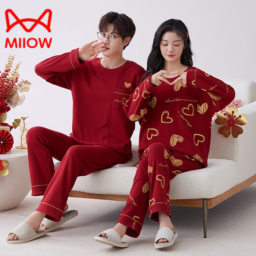 
Catman (MiiOW) new red pajamas wedding couple suit for men and women winter and autumn new pure cotton long-sleeved festive home clothes 9227 women [Double Happy] M (80 Jin [Jin equals 0.5 kg])
