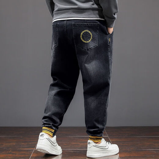Fei Shimi Autumn New Fashion Brand Elastic Small Foot Jeans Fat Loose and All-Match Pants Elastic Waist Fat Pants 300 Jin [Jin equals 0.5 kg] Black 9901 XL 1 (130-150 Jin [Jin equals 0.5 kg])