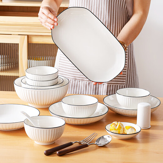 Kagawaya bowls, plates and tableware set, 6-head underglaze colored bowls and dishes set for one person, vertical black lines