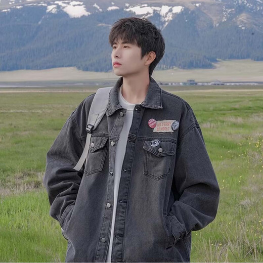 POUM men's joint denim jacket men's autumn new Hong Kong style retro loose casual couple work clothes jacket CRB-2035 black XL