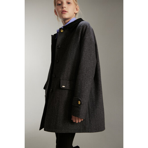 ELLE KIDS children's clothing old money style herringbone wool coat for girls autumn and winter quilted mid-length warm thick coat black 165 (M)