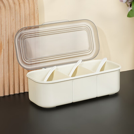 Dining General Seasoning Box Seasoning Jar with Spoon Kitchen Household Seasoning Storage Box Seasoning Utensils Salt Storage Box Simple Four-Gate Seasoning Box (Cream White)