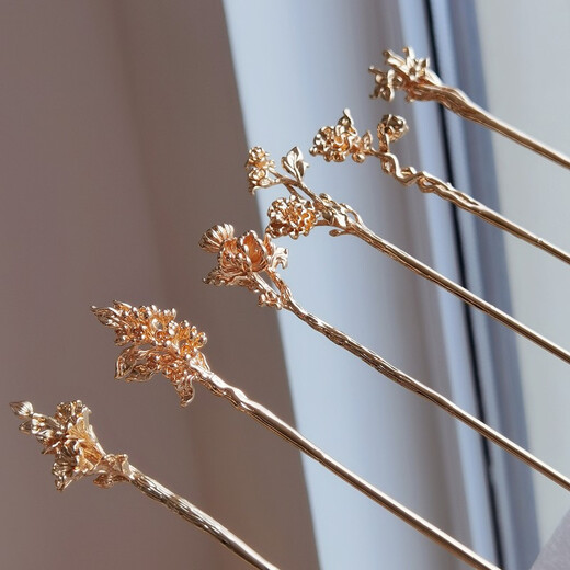 New version of color-preserving copper Twelve Flower God hairpins, one-character hairpins made in Song Dynasty, Hanfu hair accessories, Tang style cheongsam hairpins, November Camellia, in stock