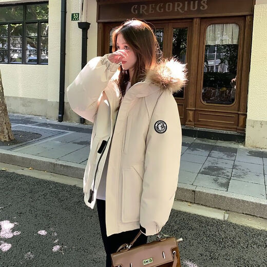 Guilanzi short down jacket for women winter 2025 new small white duck down work jacket thickened fur collar coat navy blue M 110-135Jin Jin equals 0.5 kg